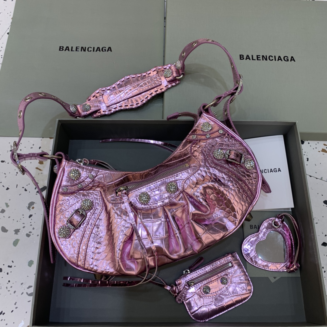 Balenciaga Le Cagole Small Shoulder Bag Crocodile Embossed Rhinestones Purple 